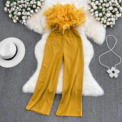 Summer Fashion Strapless Jumpsuit with Feather Patchwork and High Waist Breathable Casual Belt for Going Out