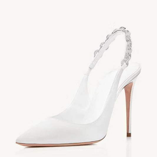 Large Size 45 Women High Heels Sandals Summer Pointed Toe Rhinestone Chain Back Strap Shoes Big Feet Stiletto Slingback