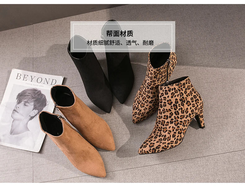 LazySeal 2025 New Luxury Leopard Women Boots Leather Winter Casual Shoes Hoof Heels Zip Pointed Toe Ankle Boots Big Size 43