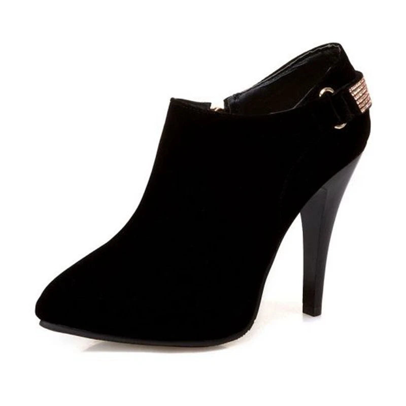 REAVE CAT Ankle Boots Pointed Toe Shoes women Sale Thin Heels Flock Suede Leather Rhinestone Big Size 31-50 Weeding Blue Black