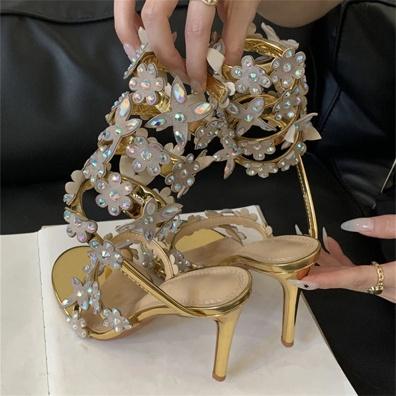 Customized Women's High Heel Peep Toe Ankle Strap Sandals Sparkling Crystal Butterfly Design Fashion Trend for Summer Parties
