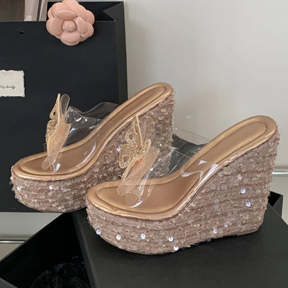 2025 New  Summer Fashion Bow Shining Sandals TPU Casual Slope Heel Slippers Ultra High Heels