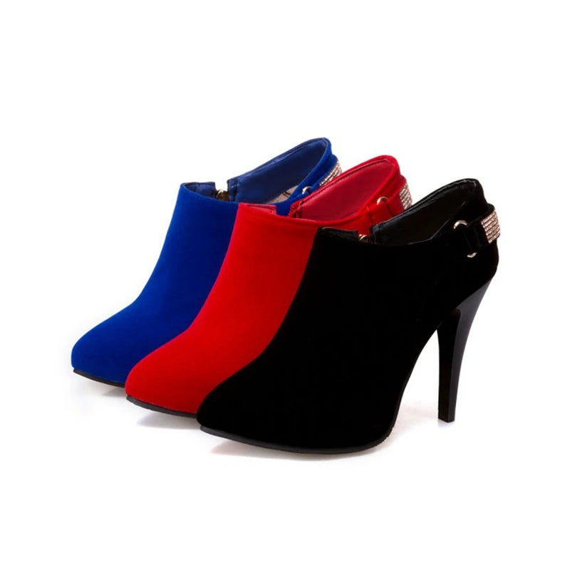 REAVE CAT Ankle Boots Pointed Toe Shoes women Sale Thin Heels Flock Suede Leather Rhinestone Big Size 31-50 Weeding Blue Black