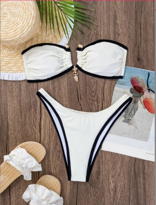 High Leg Brazilian Cheeky Bikini Set for Women Stock Tankinis Swim Jammer Gingham Paisley Patterns Front Bandeau Dress Included
