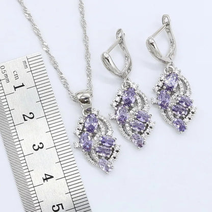 Parures de bijoux de Dubaï pour femmes, mariage, améthyste violette, collier, pendentif, boucles d'oreilles, bague, bracelet, coffret cadeau