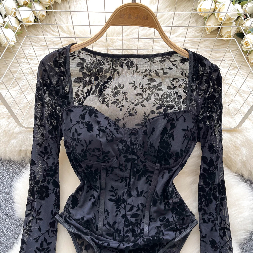 Fall Y2K Square Collar Slim Jumpsuit for Women Long Sleeve High Waist Printed Mesh Bodysuit Ladies Y2k Rompers Wholesale