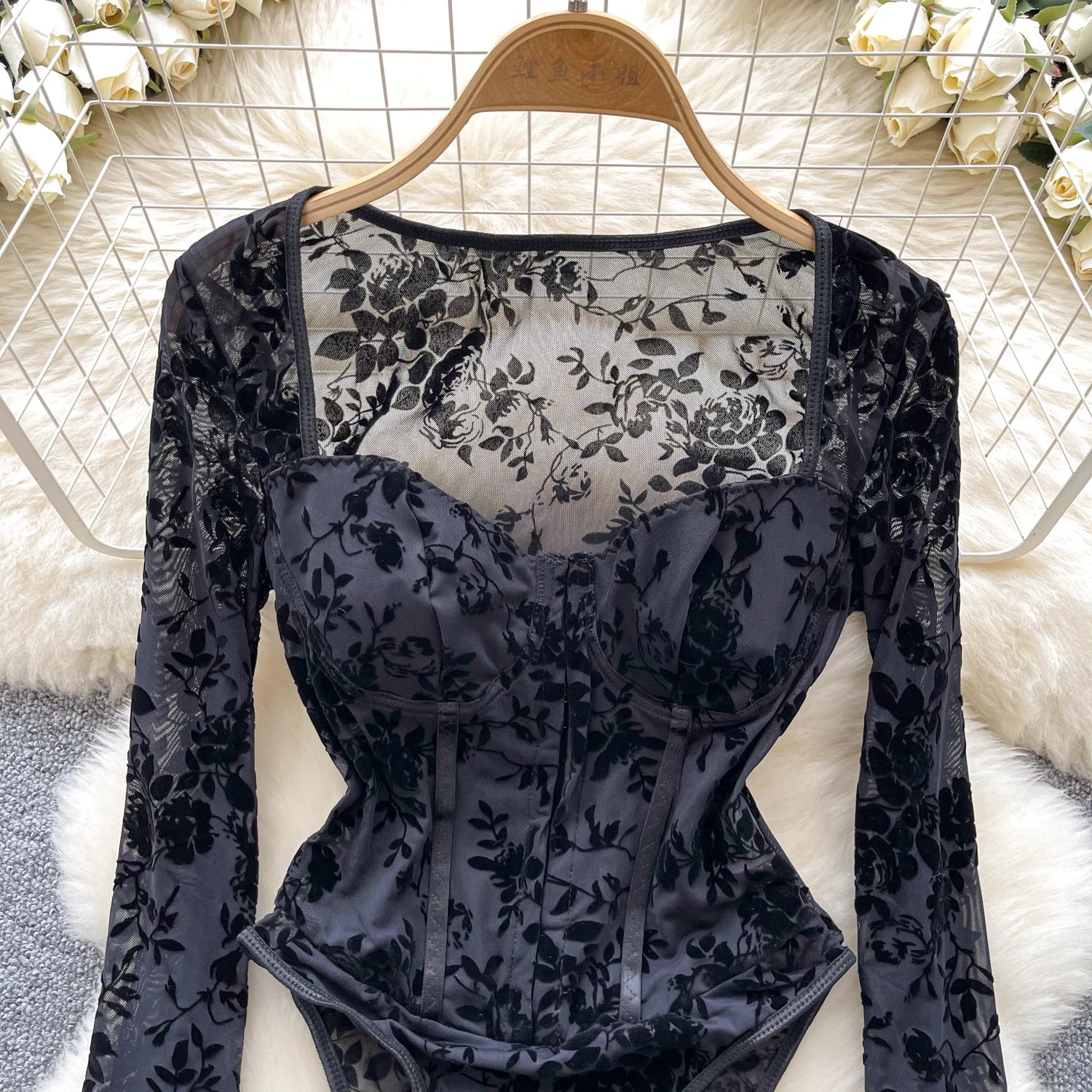 Fall Y2K Square Collar Slim Jumpsuit for Women Long Sleeve High Waist Printed Mesh Bodysuit Ladies Y2k Rompers Wholesale