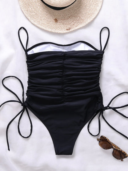 Combinaison sexy noire, maillot de bain femme une pièce à épaules dénudées _ Nouveau maillot de bain bikini froncé à lacets avec cordon de serrage