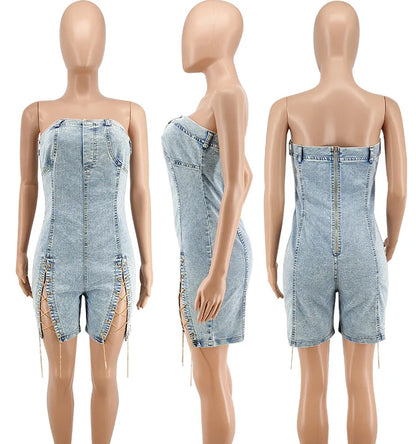 Y218117 High Quality Summer Jeans Jumpsuits Women Copper Chains Hollow Out Strapless Jeans Rompers Denim Jumpsuit for Women