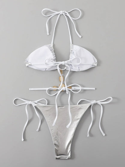Crystal Bling Diamond Bikini Set Luxury Silver Swimwear Sexy Halter Women 2 Piece Bathing Suit for Pool Party