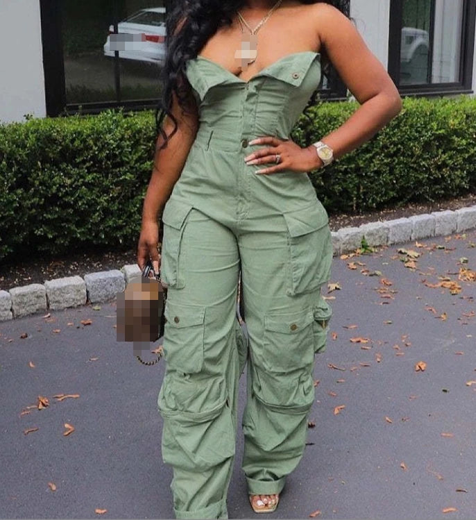 S-3XL  New Fashion Women's Clothing Sexy Strapless Single Breasted Jumpsuit Multi Pocket Workwear Jumpsuit