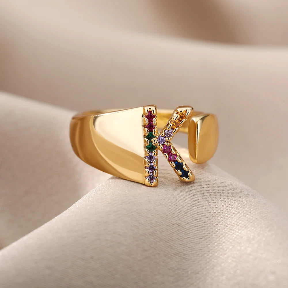 Anelli con lettera zircone arcobaleno per le donne Moda grosso lettera larga AZ anello in acciaio inossidabile matrimonio gioielli Boho spedizione gratuita