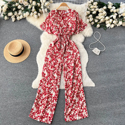 ANSZKTN Women's Summer Pant Set Short Sleeved Lattice Shirt Loose Wide-leg Trousers Printed High Waist Suit Jumpsuit