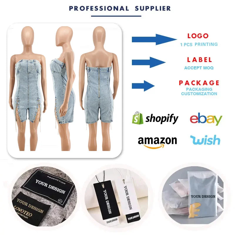 Y218117 High Quality Summer Jeans Jumpsuits Women Copper Chains Hollow Out Strapless Jeans Rompers Denim Jumpsuit for Women