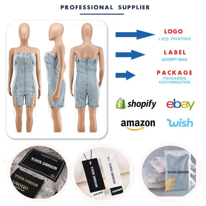 Y218117 High Quality Summer Jeans Jumpsuits Women Copper Chains Hollow Out Strapless Jeans Rompers Denim Jumpsuit for Women