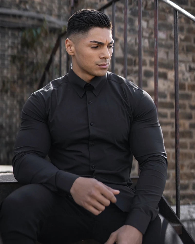 Camicia a maniche lunghe moda autunno uomo camicia super slim fit maschile casual da lavoro sociale camicia da uomo di marca abbigliamento sportivo fitness