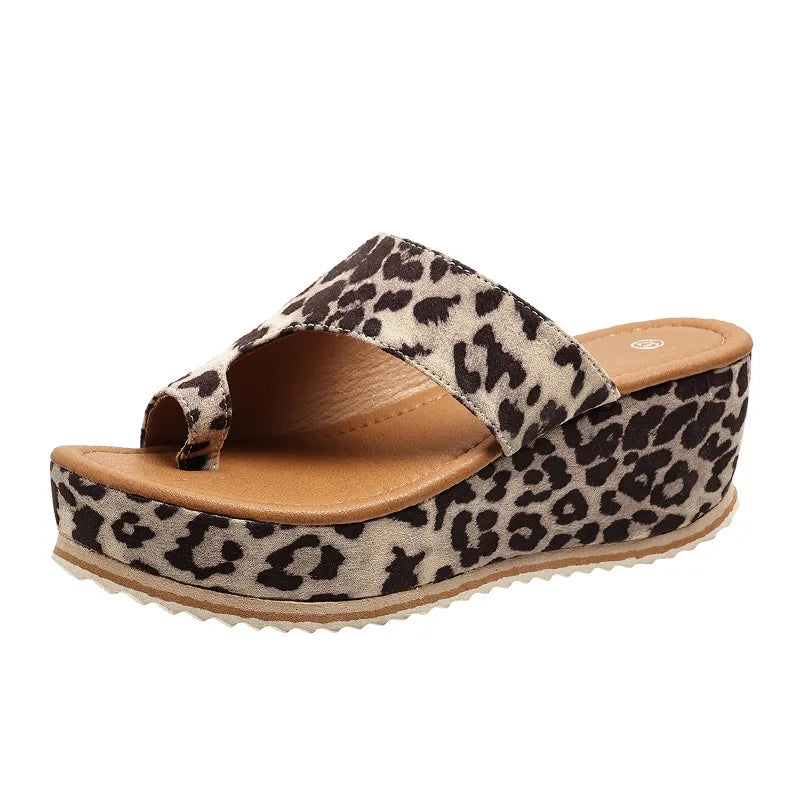 Sandales Compensées Léopard Grande Taille pour Femmes Nouvelles Pantoufles Mixtes à la Mode avec Fermeture à Enfiler Épaisse et Respirante