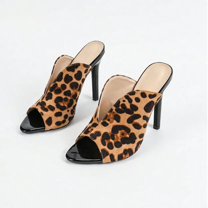 Sandales noires à talon haut, sexy, ouvertes, à enfiler, en cuir PU, imprimé léopard, bout rond, pour l'extérieur en été