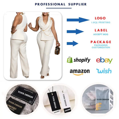 C8604 Latest Design African Jumpsuit Women Sexy Sleeveless V-neck Suit Collar Metal Chain Casual Wide Leg Jumpsuits for Ladies