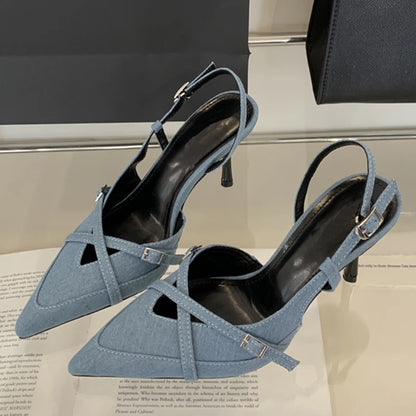 High Quality Summer Slim Heel Sandals Niche Temperament Fashion Denim with Open Back Counter Pointed High-quality Design