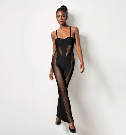Black Sheer Cut Out Bodycon Maxi Jumpsuit for Women Sexy Formal Evening Party Wedding Birthday Dinner Office Wear Fashion Outfit