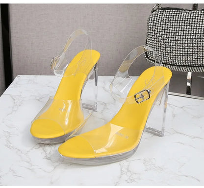 Fashion Women's Summer Open Toe PU Dress Sandals 11CM Black High Heels Waterproof Platform Flat Heeled Sexy Height Increasing