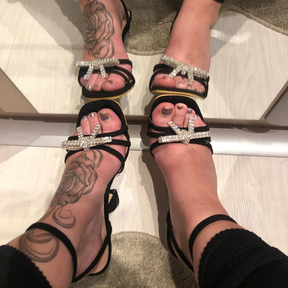 Femmes été talons fins strass sandales automne mode PU cuir semelle intérieure escarpins boucle orteil fermeture robe d'été sexy