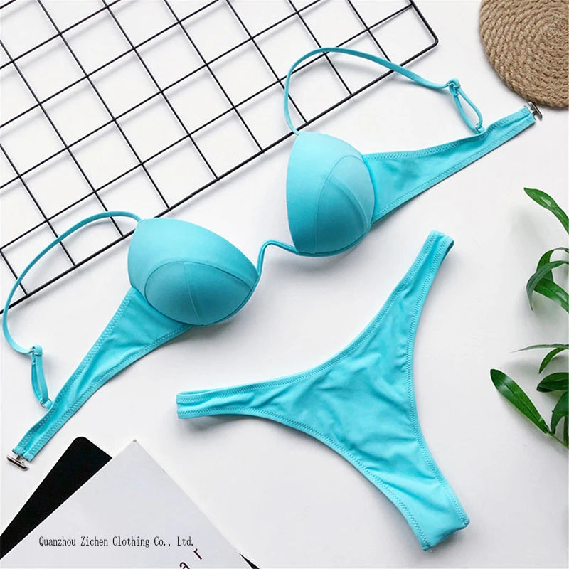 New Sexy V-bar Underwired Bra Push up Bikini Women Swimwear Female Swimsuit Two-pieces Set V Wire Bather Bathing Suit Swim
