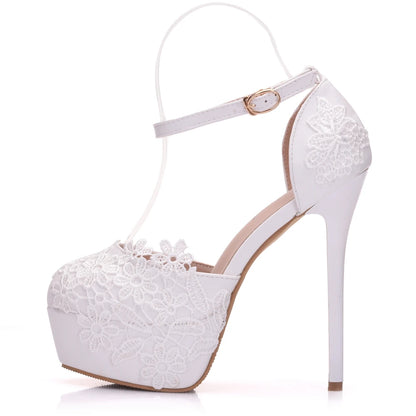 BS034  Flower Lace Wedding Prom Paty Hollow High Heels Dress Shoes Sandals Women's Shoes New Platform Bride Shoes Quinceanera