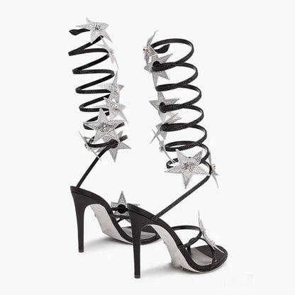 Ankle Wrap Cross Long Straps Women's Bling Stars Shoes High Heels Sexy Big Size 46 Dress Wide Fit Sandals Stiletto