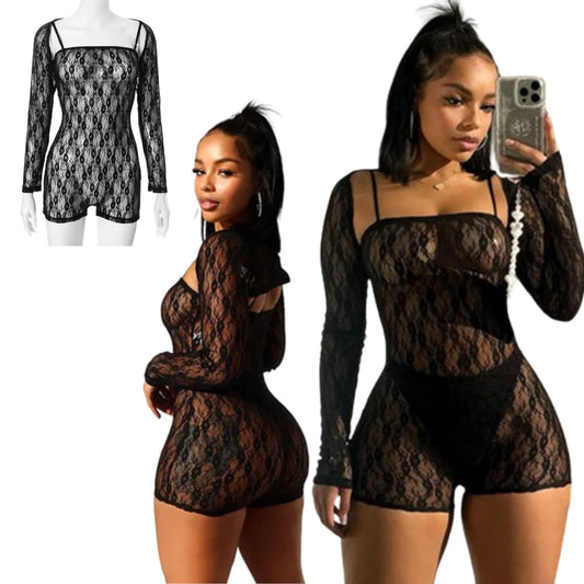 Combinaison Femme Sexy Creuse Manches Longues Élastique Taille Haute Printemps Mode Résille Dos Nu Bas Collants