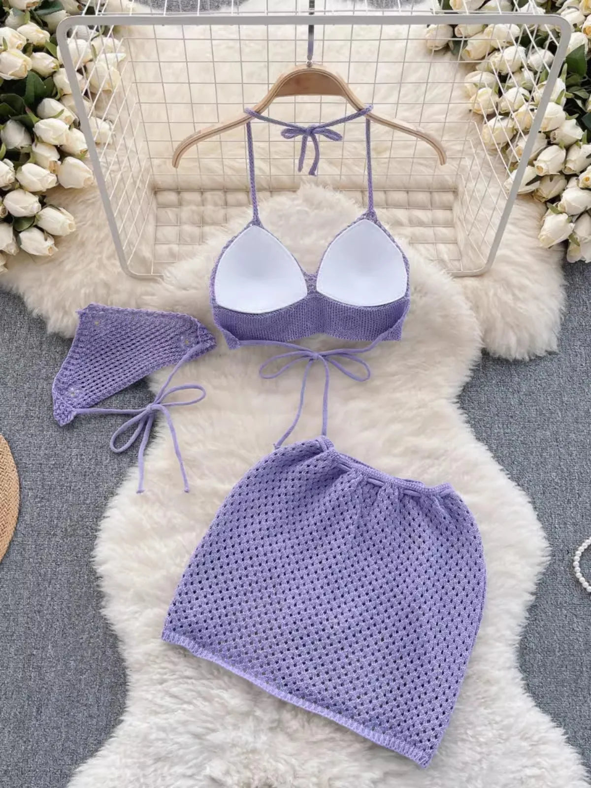 Bikini Three Piece Set Knitted Strap Set Beach Resort Style Knit Strap Bikini
