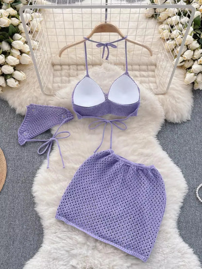 Bikini Three Piece Set Knitted Strap Set Beach Resort Style Knit Strap Bikini