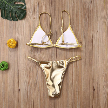 Sexy Women Gold Bikinis Set Hot Summer Padded Triangle Bra Low Waist Swim Bottoms Fashion Shiny Lady Bathing Suit Beachwear