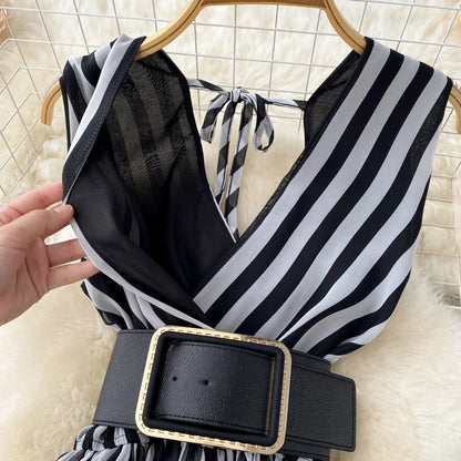 Temperament V-neck Chiffon Stripe Waist Throwing Leggings Summer New Sleeveless Jumpsuit Women's Wide Leg Jumpsuit