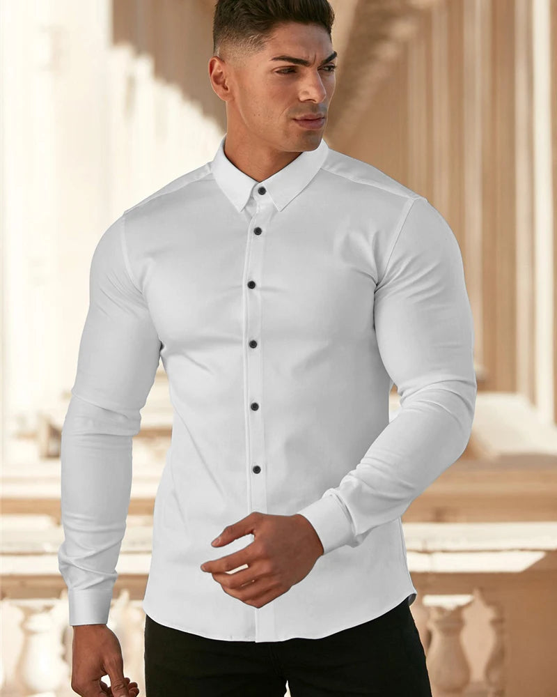Camicia a maniche lunghe moda autunno uomo camicia super slim fit maschile casual da lavoro sociale camicia da uomo di marca abbigliamento sportivo fitness
