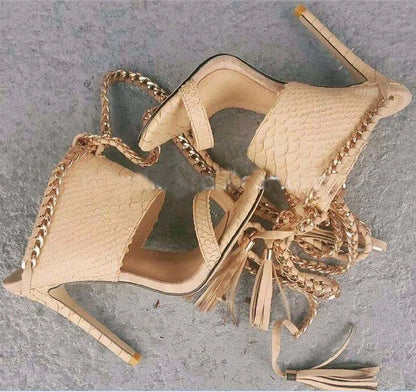 Sexy Metal Chain High Heel Sandals Fringes Straps Women Stiletto Slippers Lace up Party Shoes