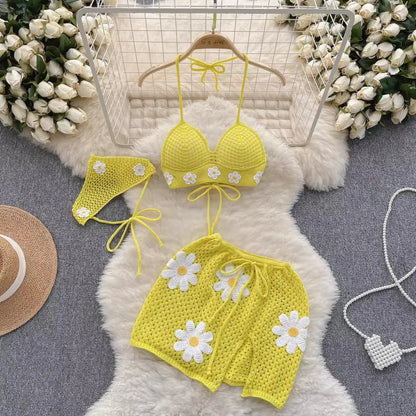 Bikini Three Piece Set Knitted Strap Set Beach Resort Style Knit Strap Bikini