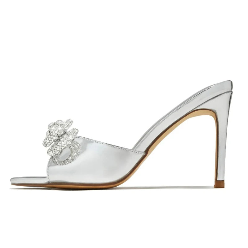 Chaussures à talons aiguilles fines pour femmes taille 45, diamants et nœud, talons hauts et fins, sandales de soirée, mules d'extérieur, escarpins de fête