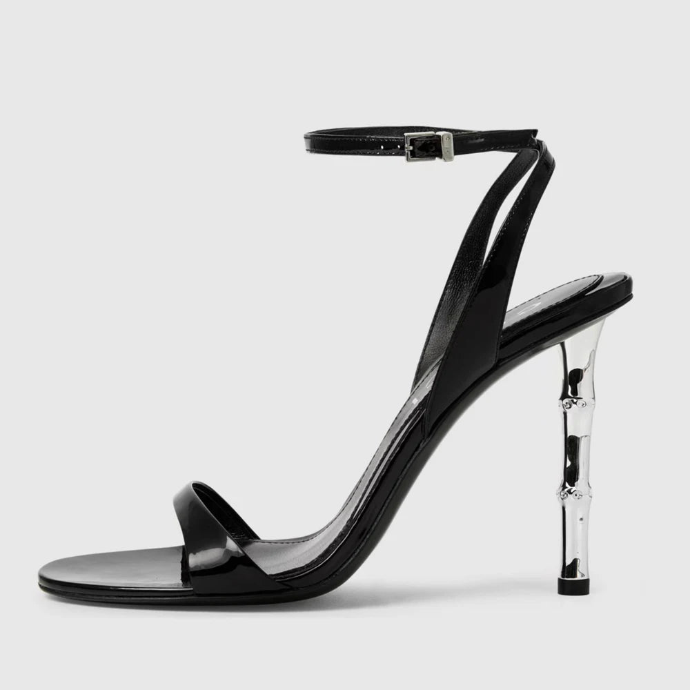 Big Size 45 Women Patent  High Silver Heels Sandals Summer Pointed Toe Back Strap Shoes Single Band Dress Stiletto Slingback