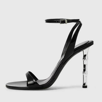 Big Size 45 Women Patent  High Silver Heels Sandals Summer Pointed Toe Back Strap Shoes Single Band Dress Stiletto Slingback