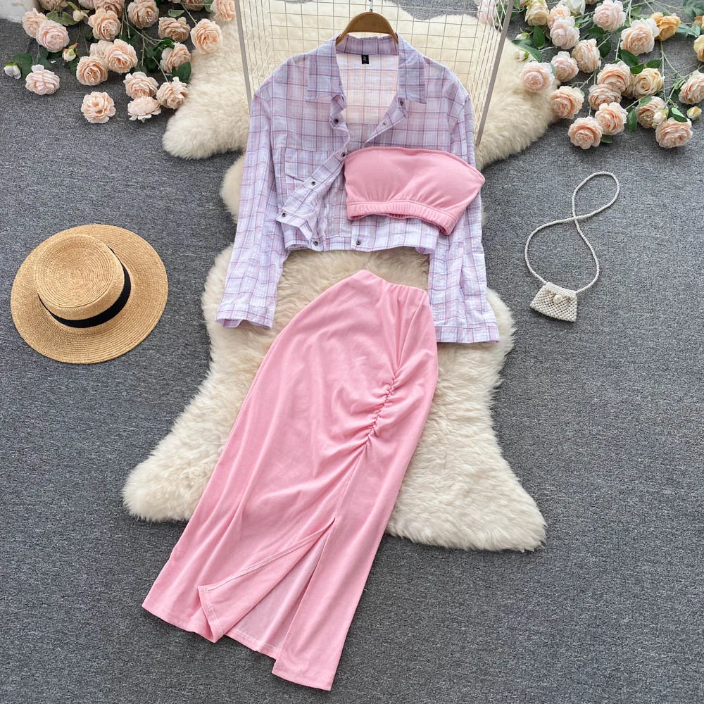 ANSZKTN Sommer Damen Sommeranzug Damen Sonnenschutzhemd Vielseitiger sexy BH Faltenrock Dreiteiler Mode