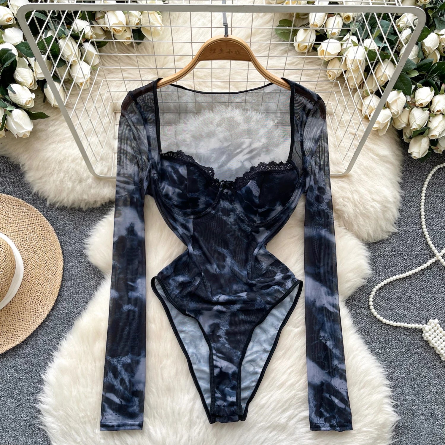 Herbst Sexy Quadratischer Kragen Slim Overall Für Damen Langarm Hohe Taille Mesh Bodysuit Großhandel