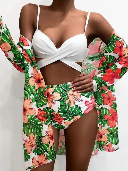 Swimwear Custom Plus Size Bathing Suit for Women 3 Pieces Swim Suit Halter High Waist Swimwear Pink Floral Bikini Set