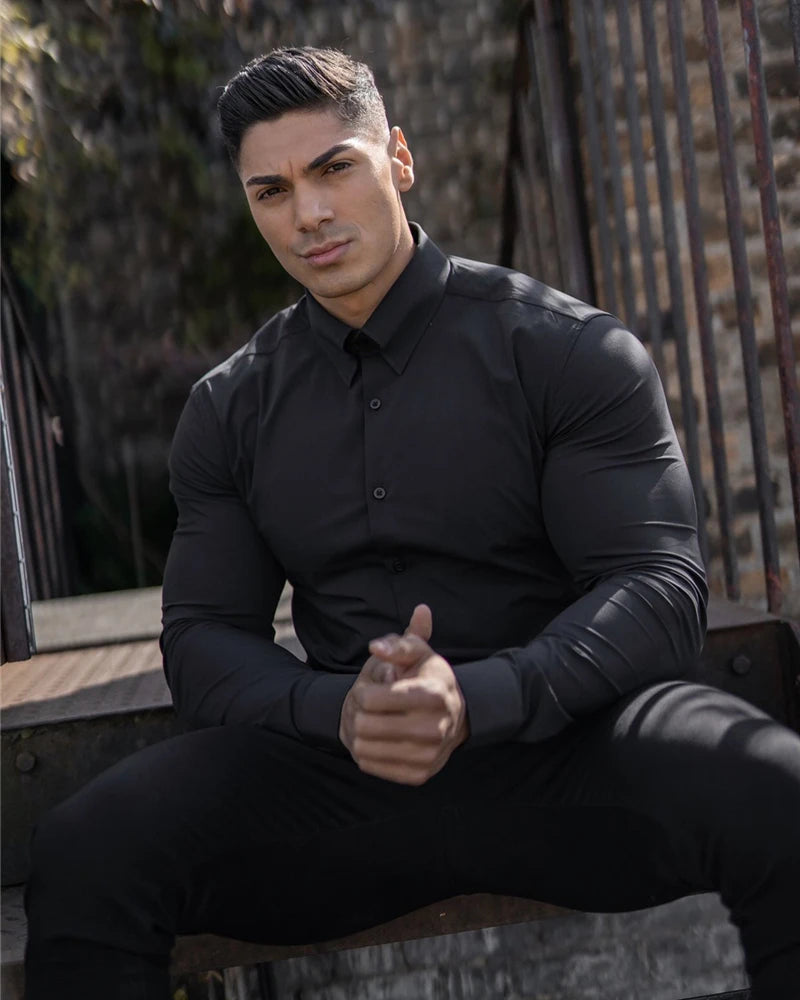 Camicia a maniche lunghe moda autunno uomo camicia super slim fit maschile casual da lavoro sociale camicia da uomo di marca abbigliamento sportivo fitness