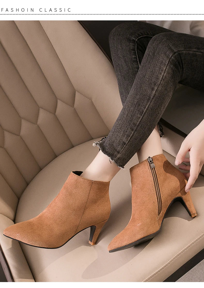 LazySeal 2025 New Luxury Leopard Women Boots Leather Winter Casual Shoes Hoof Heels Zip Pointed Toe Ankle Boots Big Size 43