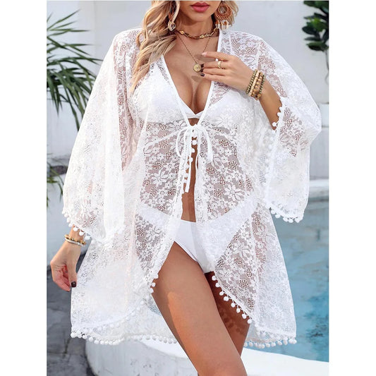 Summer Sexy V-neck Bikini Kaftan Irregularly Skirts Lace Bathing Suit Kimono Sexy Lace Summer Dress Beachwear Swim Cover Ups