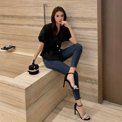 Women's 2025 Summer Luxury Crystal Sandals - Thin Heel Round Toe Open Toe Suede High Heels