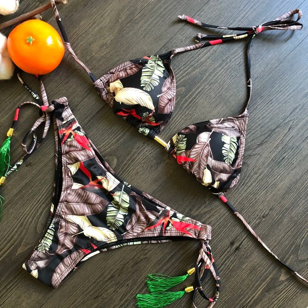 RUOTONGSEPT Sexy Micro Bikinis Set 2024 New Swimsuit Women Feather Print Bandage Swimwear Female Bathing Suit Brazilian Biquinis