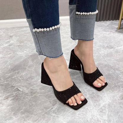 Eilyken Pantofole estive con tacco spesso a triangolo CRISTALLO Pantofole da donna sexy da strada con punta quadrata Scarpe da festa Taglia 35-41